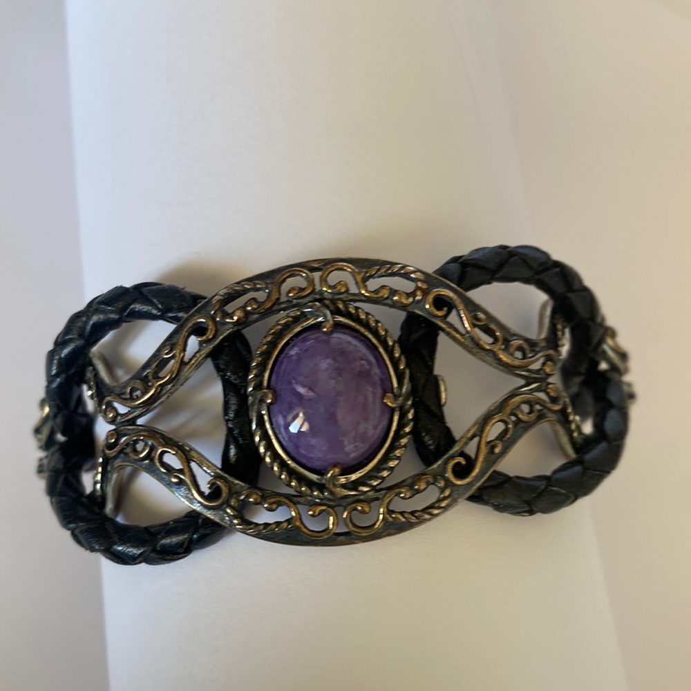 Carolyn Pollack Sterling, Leather and Chariote Cabochon Gemstone cuff